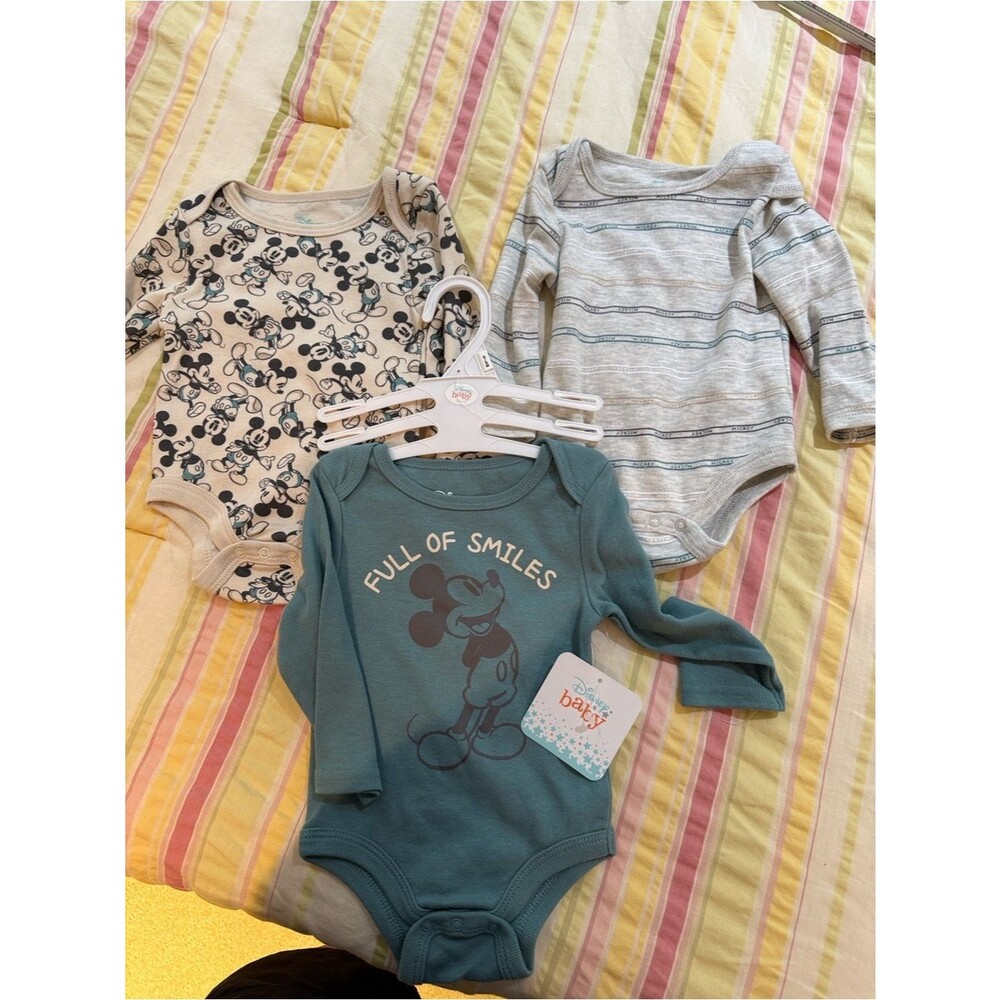 Disney Beige Mickey & Teal One-Piece Bodysuit Set - 3-Pack. 6/9 months with tags